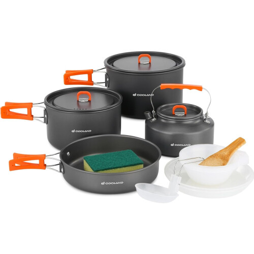 Odoland Camping Cookware Set Non Stick Kettle Pots Pans Mess Kit Bowls 1
