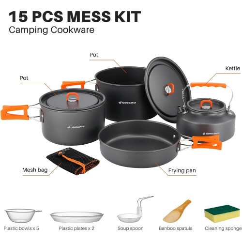 Odoland Camping Cookware Set Non Stick Kettle Pots Pans Mess Kit Bowls 2