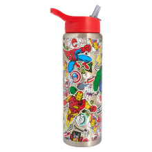 Marvel Avengers Stainless Steel Water Bottle with Straw, 750ml, Red Lid, Spider-Man Hulk Iron Man Captain America Thor Design