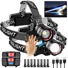 AdamStar Head Torch Rechargeable, 2 Pack Professional Headlamp, 120000LM Super Bright LED Headlight with Red Warning Light 5 Modes, 90 Adjustable Mo