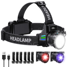 ET Head Torch Rechargeable with White/Red/UV/Black Light Headlamp, Super Bright 100000L LED Headlight with 16 Modes & Waterproof & 60Adjustable & Mo
