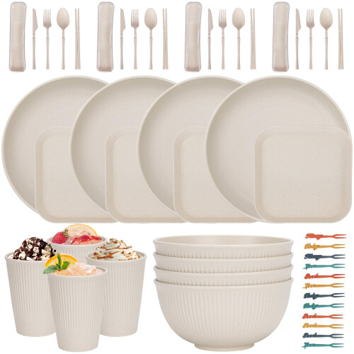 48pcs Unbreakable Dinnerware Sets for 4 People, Camping Plates and