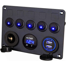 Thlevel 5 Gang Toggle Switch Control Panel Waterproof 12V/24V Car Charger Switch Panel with Dual USB Charger Port Lighter Socket Adapter Digital Volt