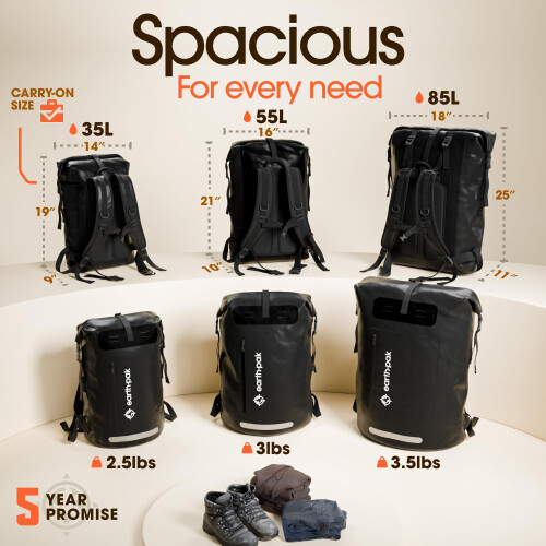 Earth Pak Waterproof Backpack with Roll-Top Closure, Front Pocket, Cushioned Back Panel & Phone Case (Black, 35L) 1