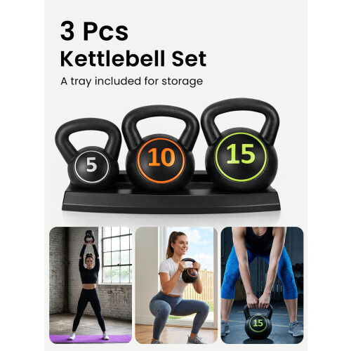 3 Piece Kettlebell Set 5/10/15 lb with Storage Rack, Vinyl Coated 1