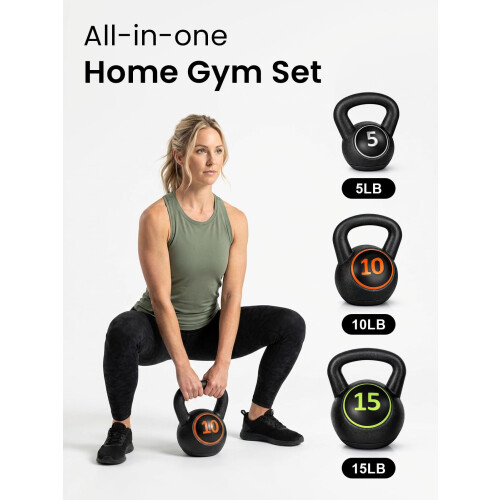 3 Piece Kettlebell Set 5/10/15 lb with Storage Rack, Vinyl Coated 2