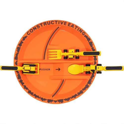 (Orange) Set di 3 pezzi con piatto diviso e posate a tema bulldozer per bambini – Stoviglie per bambini 2