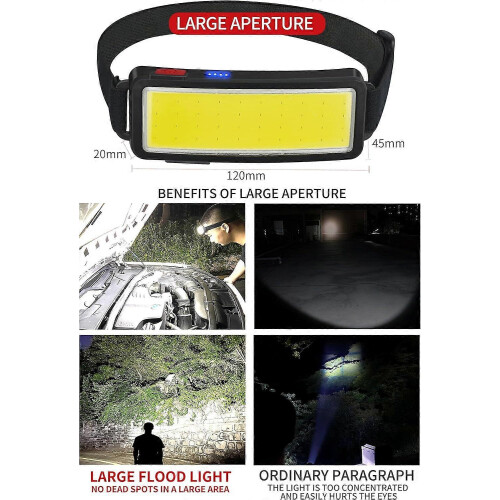 COB LED Headlamp, Powerful USB Rechargeable Head Torch, Waterproof Headlight 2000 Lumens 1pcs, Helmet Work Light, for Camping, Maintenance & Construct 2