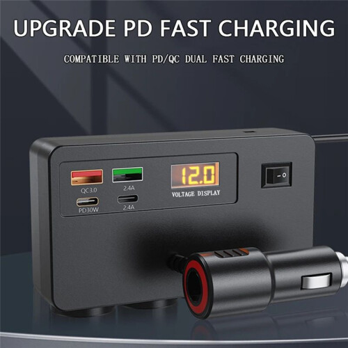 120W Multifunctionele Autolader USB/TYPE-C Snelladen Vier Conversie-Interfaces, met Digitale Spanningsweergave 2