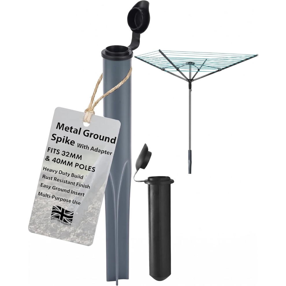 Laundry Mate Grey Washing Line Spike With Plastic Adapter Cap For 32Mm And 40Mm Poles - Heavy Duty Rotary Washing Line Metal Garden Ground Spike Secure, Durable & Rust-Resistive - Image 2