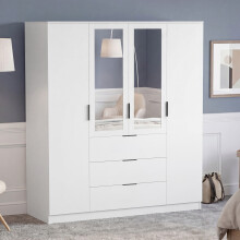 (White) Modern 4 Door 3 Drawer Mirrored Wardrobe, Trega – Bedroom Storage Closet with Hanging Rail & Drawers