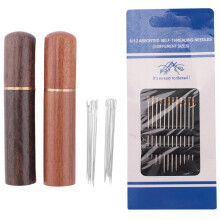 2Pcs Wooden Needle Case with 12 Gold Tail Back Hanging Needles and 4 Large-Eye Leather Stitching Needles for Handmade Sewing