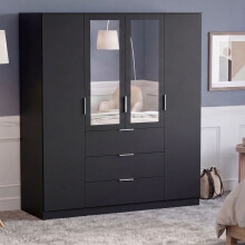 (Black) Modern 4 Door 3 Drawer Mirrored Wardrobe, Trega – Bedroom Storage Closet with Hanging Rail & Drawers