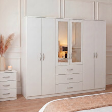 (White) Modern 6 Door 3 Drawer Mirrored Wardrobe, Riano – Bedroom Storage Closet with Hanging Rail & Drawers