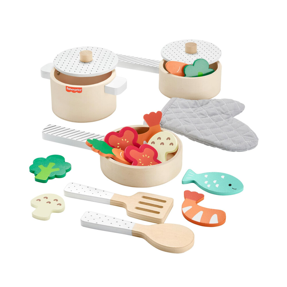 Fisher-Price Wood Kitchen Pretend Play Toy Pots & Pans Set, 19-Piece Playset Wooden, Metal & Fabric For Preschool Kids Ages 3+ Years, Hxt83