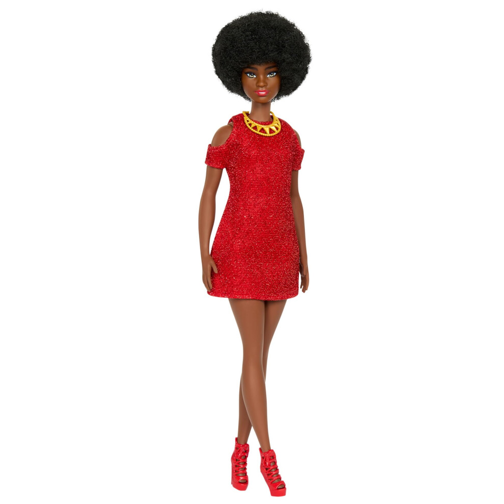 Barbie Fashionistas Doll #221 With Natural Black Hair Wearing Removable Red Dress & Accessories, 65Th Anniversary Collectible Toy, Hrh18