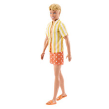 Barbie Fashionistas Style Ken Doll #252 with Blond Hair, Wearing Orange and Yellow Polka-Dot Board Shorts with Yellow and White Striped Shirt, Orange