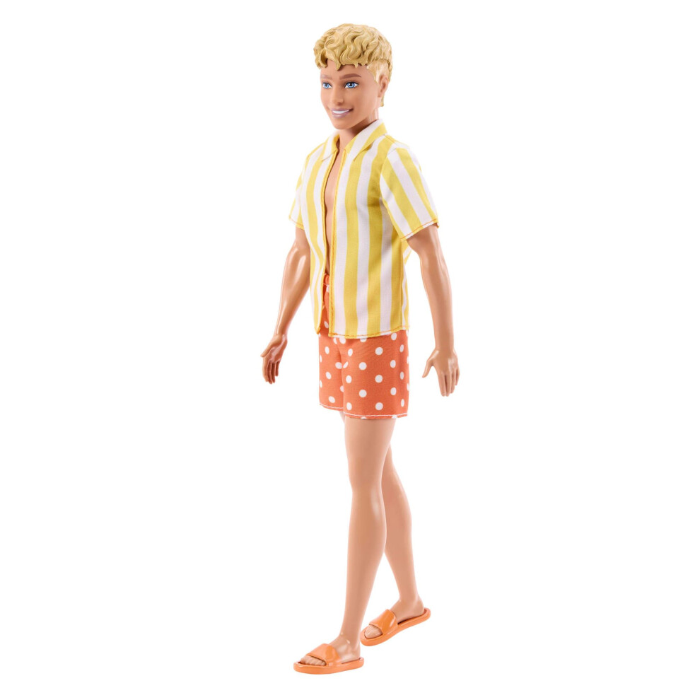 Barbie Fashionistas Style Ken Doll #252 With Blond Hair, Wearing Orange And Yellow Polka-Dot Board Shorts With Yellow And White Striped Shirt, Orange