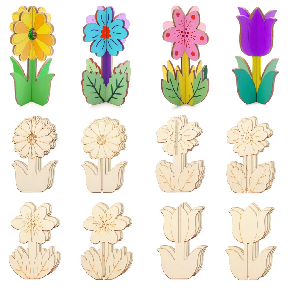 Catephe 16 Set Flower 3D Wooden Crafts Set for Kids, 32 Pcs Unfinished Wooden Slices with 4 Styles, Blank Wood Ornaments for DIY Crafts Home Decorati-image-OPC-PVMP5Z7-NEW