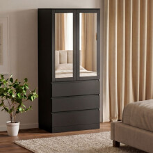 (Black) Modern 2 Door 3 Drawer Mirrored Wardrobe, Denver – Bedroom Storage Closet with Hanging Rail & Drawers