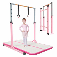 BREEZENEST Adjustable Gymnastics Bar for Kids, 13-Level Height Gym Bars (100-158cm) with Rings - Steel Frame & Beechwood Bar for Home Training, Indoo