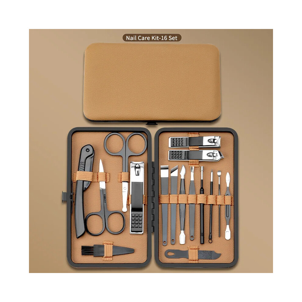 Stoyotu (16Pcs Black-Brown) 7-18Pcs Complete Nail Care Kit Heavy-Duty Black Manicure & Pedicure Set Nail Clippers Set Cuticle Pusher Trimmer Remover