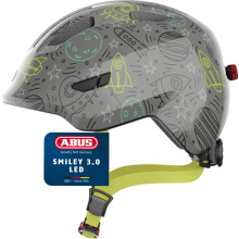 ABUS children's helmet Smiley 3.0 LED - bike helmet with light - deep fit & space for a pigtail - for girls and boys - grey with space pattern, size