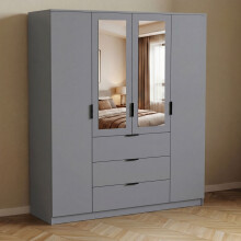 (Grey) Modern 4 Door 3 Drawer Mirrored Wardrobe, Trega – Bedroom Storage Closet with Hanging Rail & Drawers