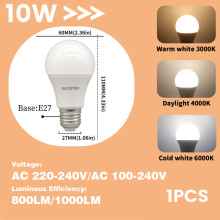 (1 unidad, blanco frío 6000K, AC220-240V) Bombilla LED E27 de 10W equivalente a lámparas incandescentes
