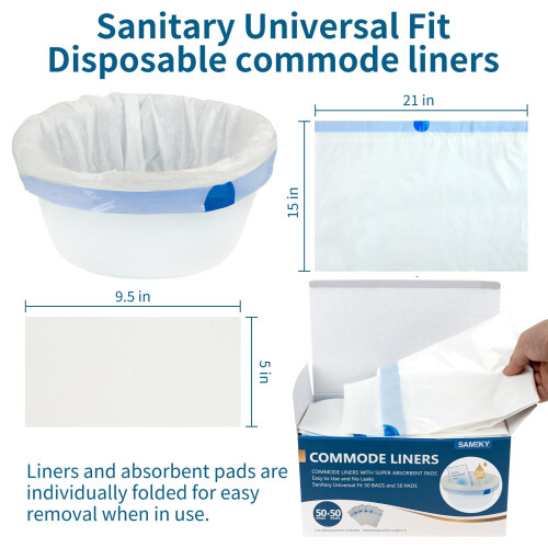 Sameky Commode Liners with Absorbent Pads | Value Pack 50 Count Universal Fit | Bedside Commode Liners Disposable and Pads for Adult Commode Chairs(5 2