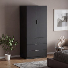 (Black) Modern 2 Door 3 Drawer Wardrobe, Trega – Bedroom Storage Closet with Hanging Rail & Drawers