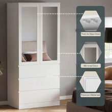 (White) Modern 2 Door 3 Drawer Mirrored Wardrobe, Denver – Bedroom Storage Closet with Hanging Rail & Drawers