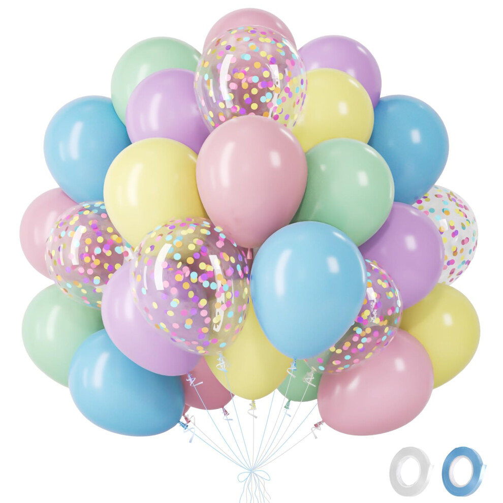 Fairymaiden Pink/Blue/Yellow Pastel Balloons- 60Pcs Macaron Green Purple Latex Balloon With Confetti Ballon, Helium Balloon For Easter Birthday Engag