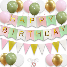 Happy Birthday Banner, Happy Birthday Decorations for Girls, 16 Pcs 12in Balloons with Banner Bunting and 3 Ribbons for Men Women Girls and Boys Birt