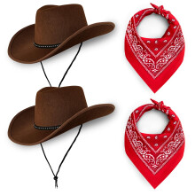 Cowboy Hats Pack of 2 Unisex Felt Western (2x Brown Hat & 2x Red Bandanas) Texas Texan Costume Accessories for Men, Women, Adults Wild West Fancy Dre