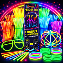 Glow Sticks 100 Pack with 100 Connectors( 205 Pcs Kit) Glow Glasses Kit-Ball and Triple Connectors-Glow in the Dark Party Supplies - Bracelets & Neck