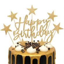 2X Gold Happy Birthday Cake Topper Set - Glitter Cardstock Cake Decorations with Stars - Reusable Party Supplies for Men, Women, Boys & Girls - Elega