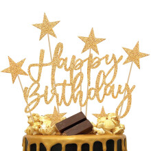 iZoeL 2 Sets Gold Cake Decoration Happy Birthday Banner Confetti Balloon Stars Heart Cake Topper for Man Boys Women Girls Gold Theme Birthday Decor H