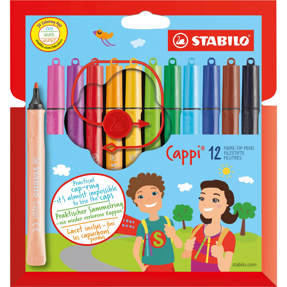 Stabilo Cappi - Fibre-Tip Pen With Cap-Ring - Pack Of 12 - Assorted Colours With 1 Cap-Ring