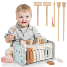 DINORUN Montessori Toys for 1 Year Old Boy Girls, Wooden Hammering Pounding Toy with Xylophone Magnetic Fishing Game for Kids, Gifts for 1 2 3 Year O