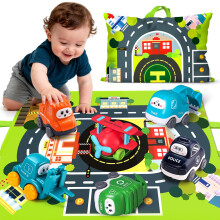 lerrbo 6 PCS Cartoon Truck Car Toys with Cranes,Tractor|Playmat/Storage Bag|Baby Toys for 1 Year Old Boys|1 2 3 Year Old Boy Birthday Gift|First Birt