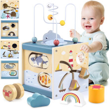 Airlab Wooden Activity Cube Baby Toys for 1 Year Old, 1st Birthday Gifts for Girls and Boys, 12+ Months Montessori Toys with Bead Maze Shape Sorter E