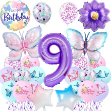 Butterfly 9th Birthday Decorations for Girls - 23Pcs Purple Butterfly Balloons Number 9 Gradient Star Foil Balloon, Birthday Party Supplies for 9 Yea