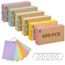 TEEPULL A7 Flash Cards, 6 Pack 600 Pcs of Revision Cards, Kraft Paper Index Cards, Lined Flashcards, Note Study Cards, Multicolor, with 6 Metal Binde