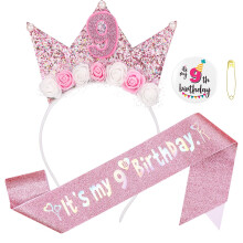 GSrenyu 9th Birthday Decorations for Girls,Headband Glitter Sash and Badge Set for 9 Year Old Girls Birthday Decorations,Flower Princess Crown Headba