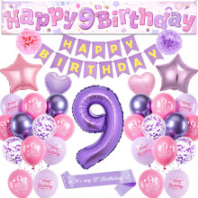 9th Birthday Decorations Balloons Girls - Pink Purple Large Happy 9th Birthday Yard Banner(25 X 150 Cm) Mit Sash, Stars Crowns Number 9 Foil Balloons