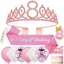 8th Birthday Decorations, 8th Birthday Sash and Tiara for Girls,Pink Rhinestone Crown Tiara Glitter Sash,8 Year Old Balloons Candles Cake Topper Happ