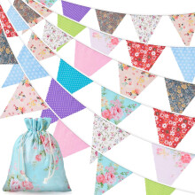 Alintor 46 Flags 45.9ft Fabric Bunting + Drawstring Bag, Vintage Floral Bunting, Bunting Flags for Garden, Birthday Party, Outdoor, Afternoon Tea, Mo