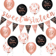 Girls 16th Birthday Decorations Black Rose Gold 16th Birthday Party Decorations Banner Bunting Kit Girls Sweet Sixteen by Sheinly