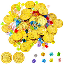Vicloon Pirate Treasure Gems and Gold Coins, 150 Pcs Treasure Hunt Kit with 100 Fake Gems and 50 Plastic Golds Coins, Plastic Gold Coin ＆Plastics Ge